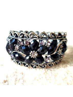 Vintage Silver Color Black Onyx and Crystal Cuff Bracelet
